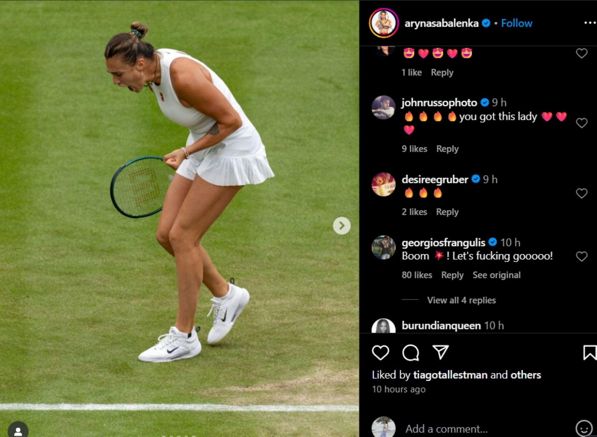 Frangulis reacts to Sabalenka's post; Instagram - @arynasabalenka